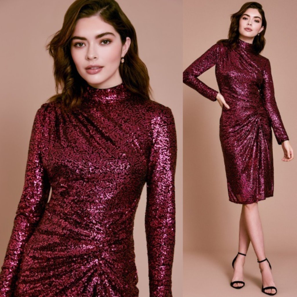 Nwt Tadashi Shoji Rani Long-Sleeve Sequin Dress Bmg19957m Fuchsia Size Xs